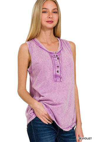 Zenana Washed Half-Button Sleeveless Henley Bright Violet