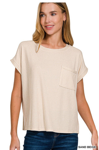 Zenana Melange Hacci Tee with Pocket Sand Beige