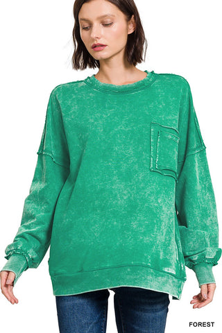 Zenana Acid Wash Raw Edge Front Pocket Pullover Forest