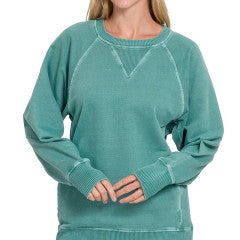 Zenana Pigment Dyed French Terry Pullover with Pockets Teal