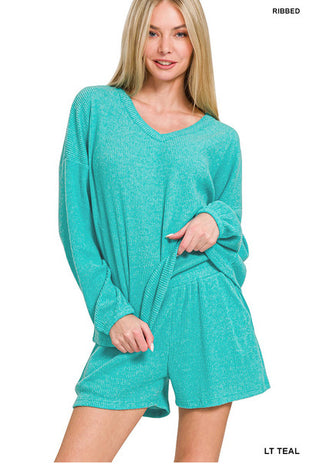 Zenana Ribbed Hacci V-Neck Long Sleeve Tee & Shorts Set Light Teal