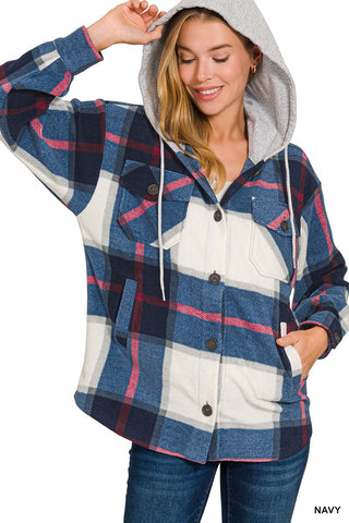 Zenana Plaid Hooded Shacket Navy