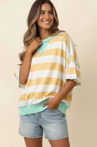 Haptics Flutter Elbow Sleeve Stripe French Terry Top Butter Yellow/Aqua