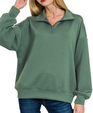 Zenana Scuba Half Zip Pullover with Pockets Dark Forest