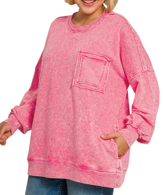 Zenana Halo Washed French Terry Exposed Seam Sweatshirt Red