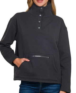 Zenana Fleece Half Snap Button Front Sweatshirt Black