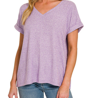 Zenana Soft Melange Hacci V-Neck Tee Lavender