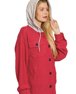 Zenana Brushed Ribbed Button Down Shacket Dark Red
