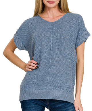 Zenana Center Seam Short Sleeve Sweater Dusty Blue