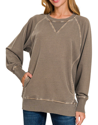 Zenana Pigment Dyed French Terry Pullover with Pockets Brown