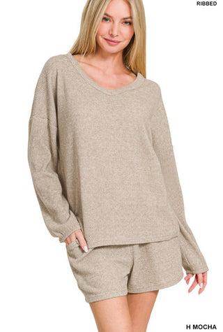 Zenana Ribbed Hacci V-Neck Long Sleeve Tee & Shorts Set Heather Mocha