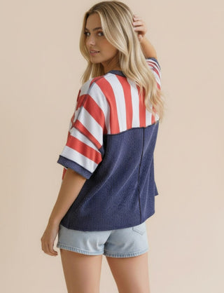 Haptics Crewneck Oversized Stripe Knit Top Red