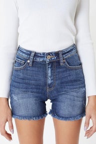 Kancan High-Rise Dark Wash Fray Hem Shorts 8607D