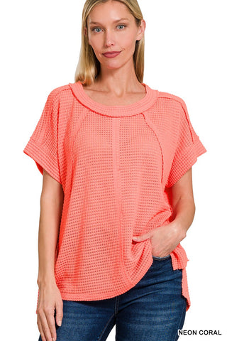 Zenana Brushed Waffle Exposed Seam Short Sleeve Neon Coral