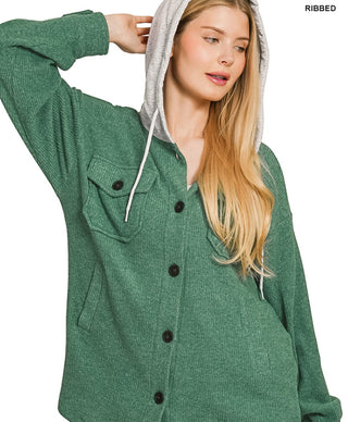 Zenana Brushed Ribbed Button Down Shacket Dark Green