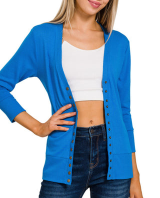 Zenana Snap Button 3/4 Sleeve Cardigan Ocean Blue