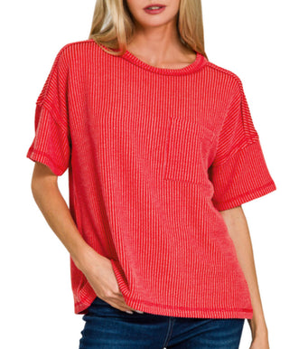 Zenana Raised Rib Exposed Seam Short Sleeve Top Ruby