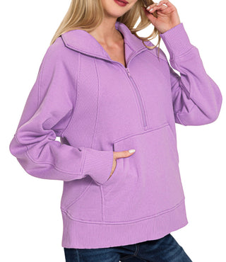 Zenana Half Zip Fleece Pullover W/ Kangaroo Pocket B Lavender
