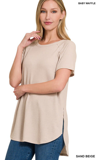 Zenana Melage Baby Waffle Short Sleeve Top Sand Beige