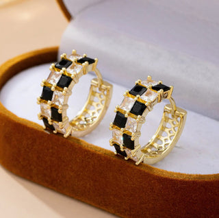 Josslyn Checker Black & Crystal Baguette Hoop Earrings Gold