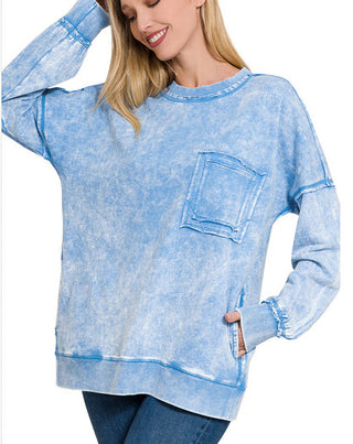 Zenana Acid Wash Raw Edge Pullover Front Pocket Deep Sky