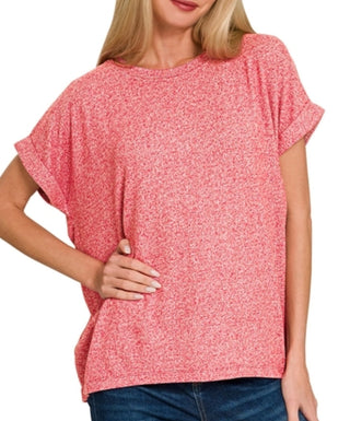 Zenana Soft Melange Hacci Short Sleeve Top Dark Red