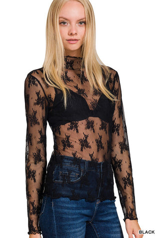 Zenana Lace See-Through Long Sleeve Layering Top Black