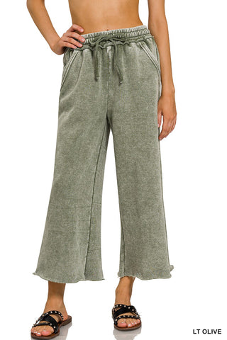Zenana Acid Wash Fleece Palazzo Sweatpants Lt Olive