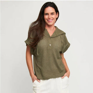 Elsie & Zoey Carlie Waffle Knit Short Sleeve Hoodie Sage
