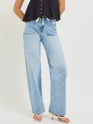 Risen HR Wide Baggy Jeans Waistband Tie Light Wash 21485