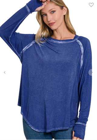 Zenana Washed Scoop Neck Long Sleeve with Thumb Hole Lt Navy