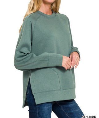 Zenana Scuba Round Neck Pullover Side Slits Ash Jade