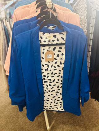 Kori America Ruched Sleeve Animal Print Line Blazer Royal Blue