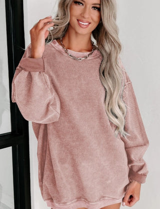 Lovesoft Solid Ribbed Knit Round Neck Pullover Pink