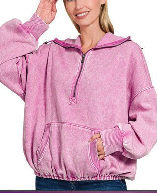 Zenana Fleece Drawstring Hem Half Zip Kangaroo Hoodie Mauve
