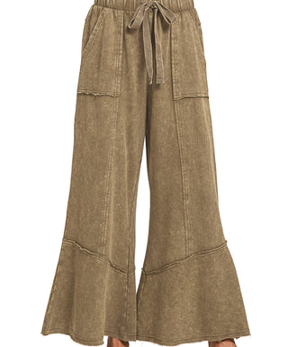 Zenana Exposed-Seam Flare Hem Pants with Pockets Dk Olive