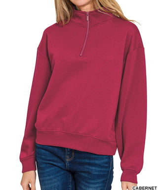 Zenana Scuba Half Zip Pullover Sweatshirt Cabernet
