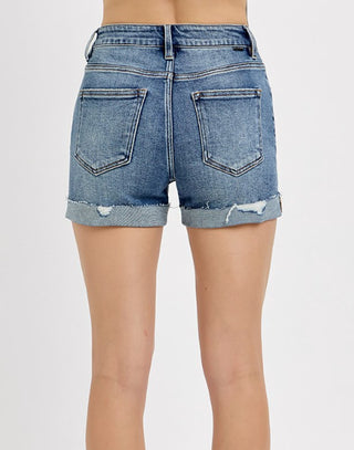 Risen High Rise Ripped Hem Shorts Medium Wash 1308