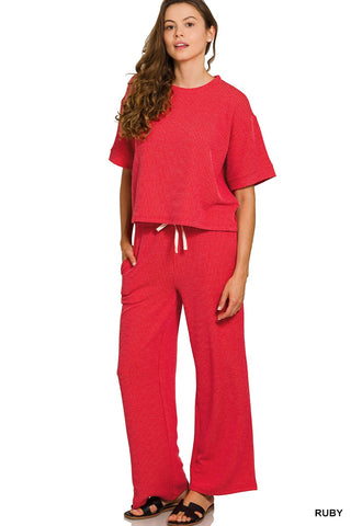 Zenana Ribbed Short Sleeve Tee & Pant Set Ruby