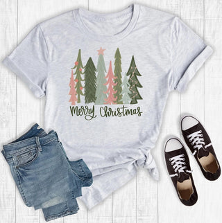 Rebel Rose Merry Christmas Trees Pink T-Shirt Ash