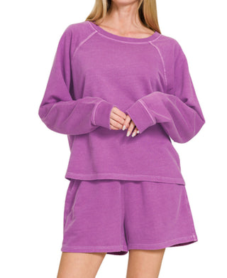 Zenana French Terry Pigment Dye Pullover & Short Set Light Plum