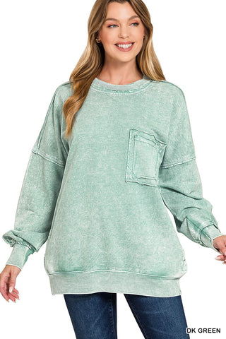 Zenana Halo Washed French Terry Exposed Seam Sweatshirt  Dk Green