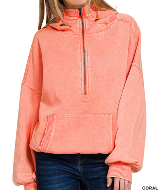 Zenana Fleece Drawstring Hem Half Zip Kangaroo Hoodie Coral