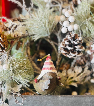 Wooden Bird with Striped Hat Ornament