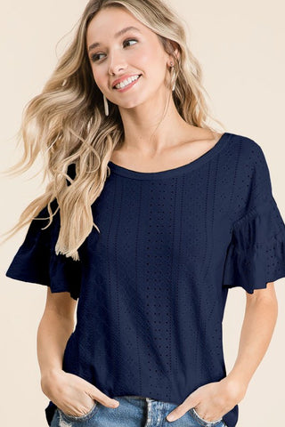 Stretchable eyelet lace top with tiered sleeves