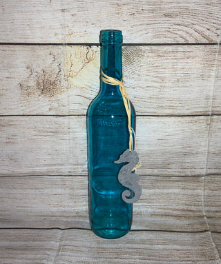 Blue Glass Bottle w/Sea Horse