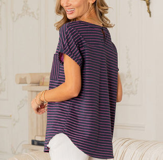 Sew In Love Short Sleeve Stripe Top Navy Orchid