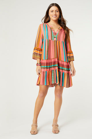 Coco+Carmen Milena Ruffle Sleeve Tunic Dress Pink Aztec