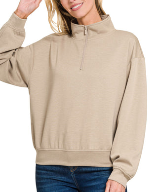 Zenana Scuba Half Zip Pullover Sweatshirt Ash Mocha