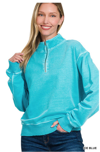 Zenana Terry Pigment Dyed Enzyme Washed Half Zip Pullover Ice Blue